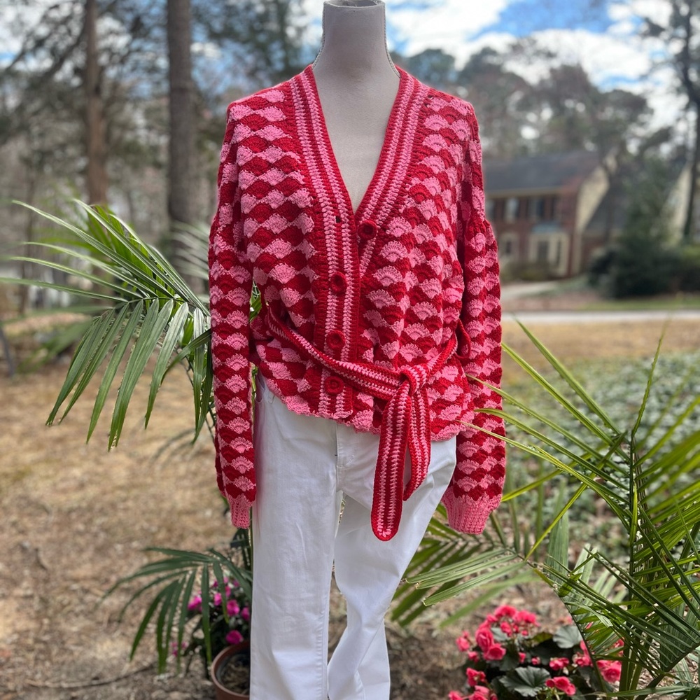 FARM Rio 🍃 HTF ✨ Fan Stitch Belted Crochet Cardigan, Red + Pink, Size Large, NEW - Picture 12 of 14